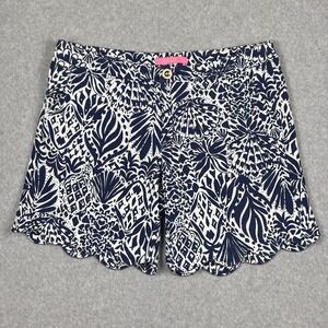 Lilly Pulitzer Buttercup Shorts Sz 10 Blue White Tropical Floral Print Scalloped